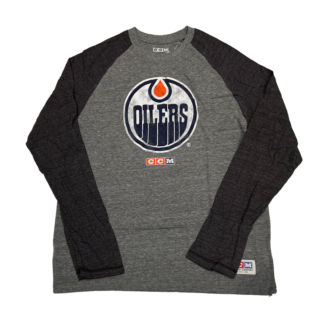Edmonton Oilers CCM Grey Vintage Raglan Long Sleeve Shirt