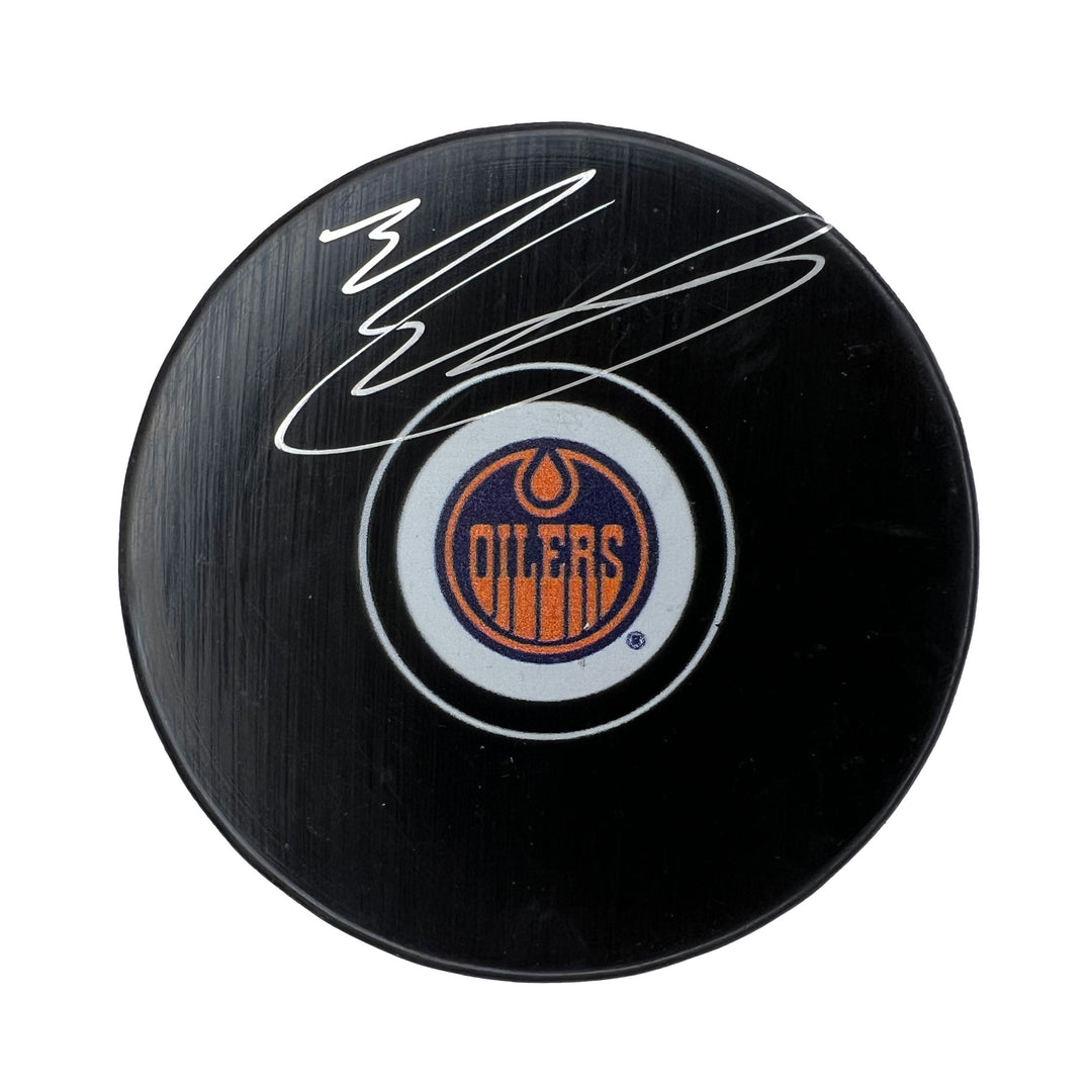 Evan Bouchard Edmonton Oilers Signed Alternate Logo Puck