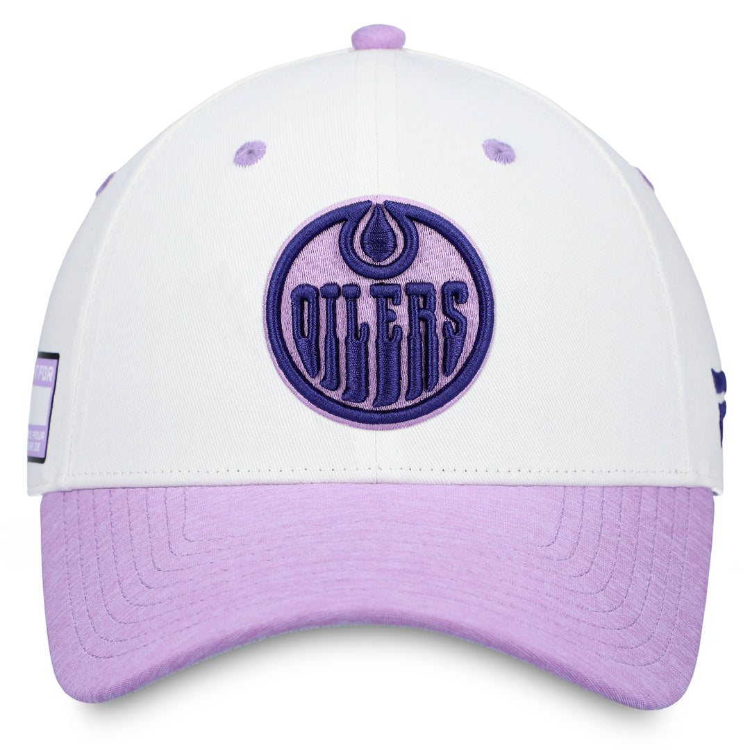 Edmonton Oilers Fanatics White & Purple Authentic Pro Hockey Fights Cancer Snapback Hat