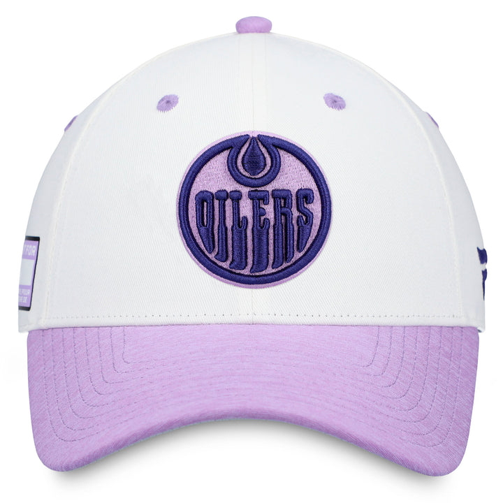 Edmonton Oilers Fanatics White & Purple Authentic Pro Hockey Fights Cancer Snapback Hat