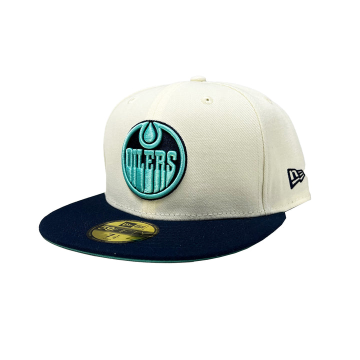 Edmonton Oilers New Era Cream & Blue "Chrome Oceanside" 59FIFTY Fitted Hat