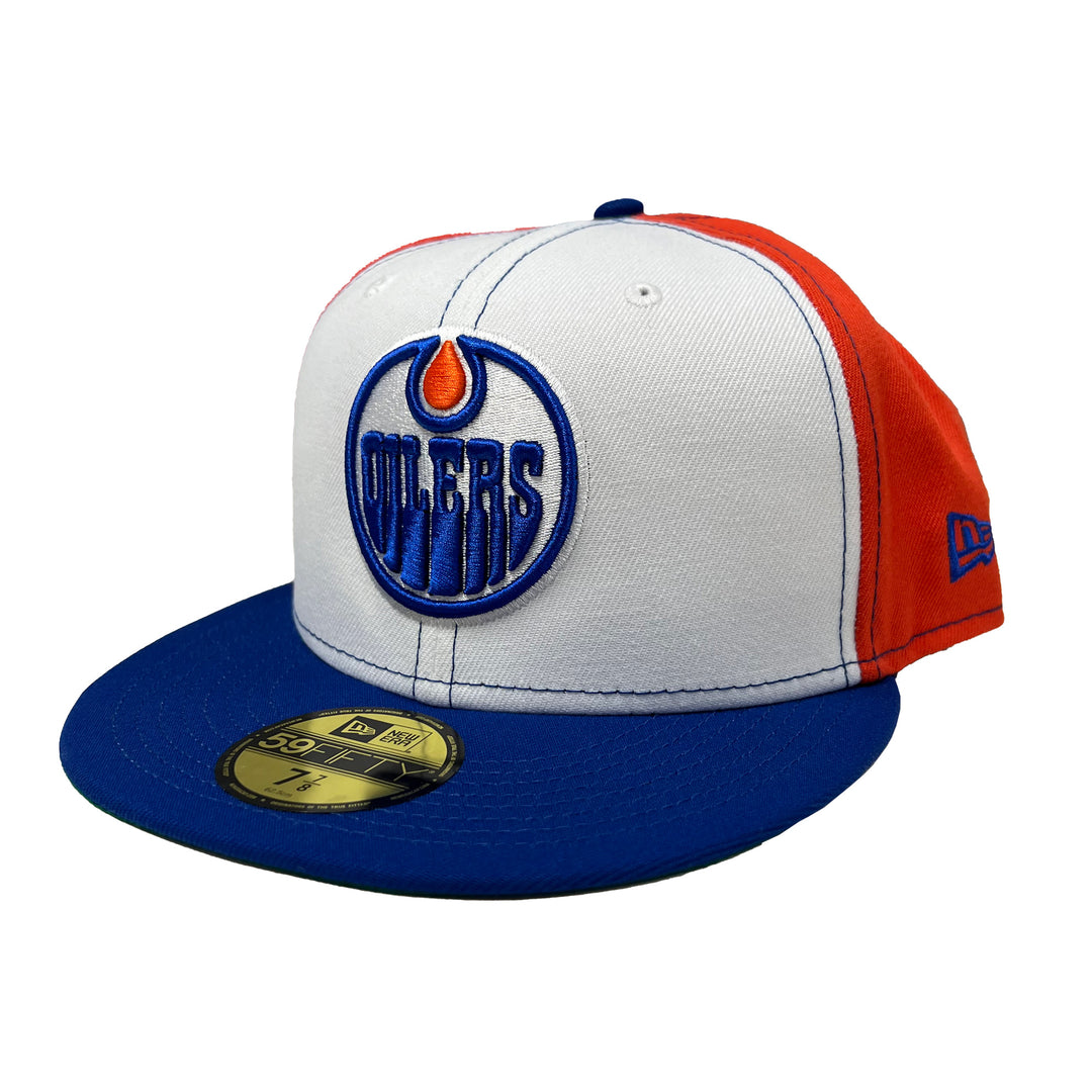 Edmonton Oilers New Era Tri-Panel White/Orange/Blue 59FIFTY Fitted Logo Hat