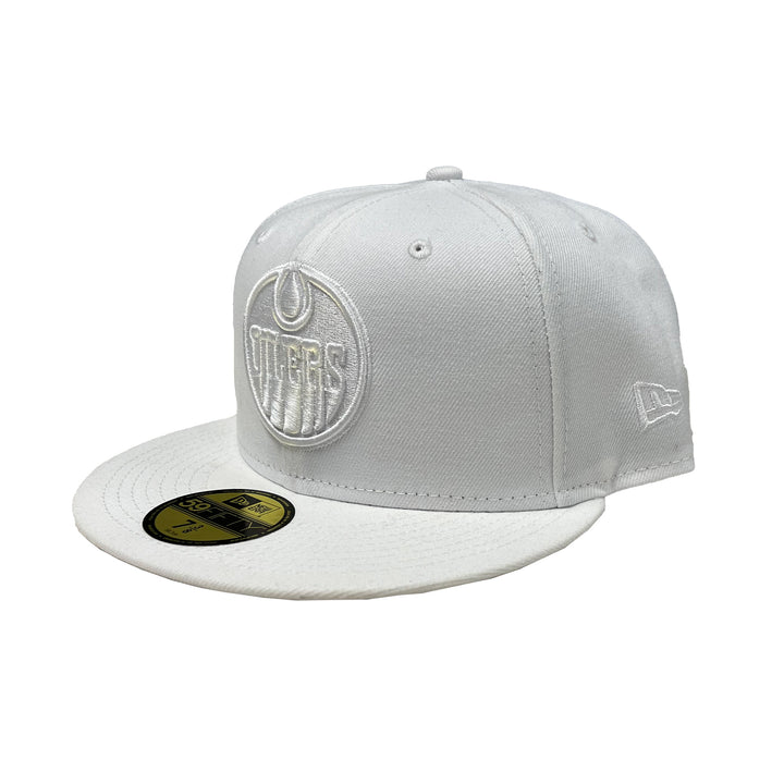 Edmonton Oilers New Era White on White Tonal 59FIFTY Fitted Logo Hat