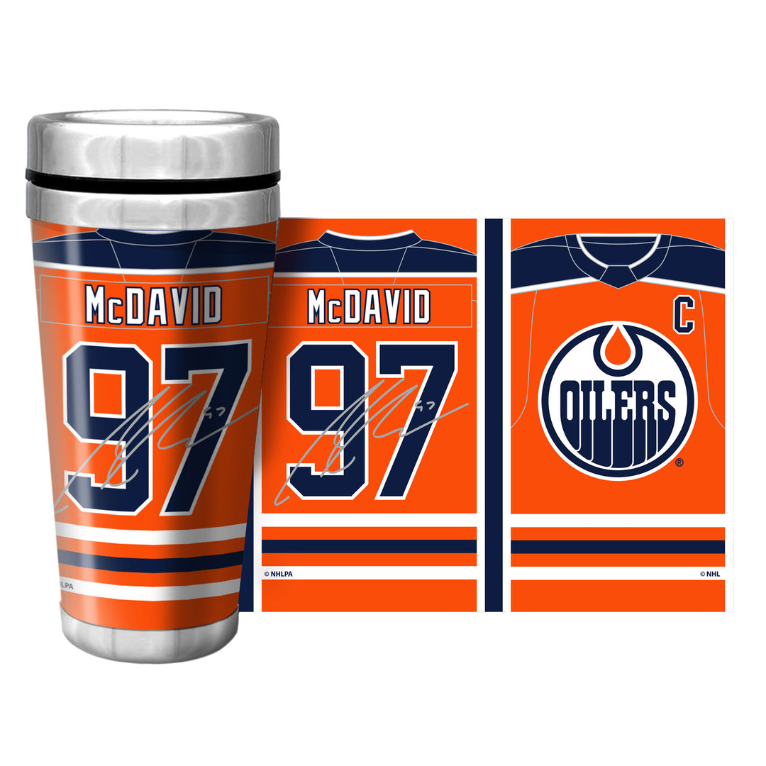 Connor McDavid Edmonton Oilers Orange/Home Jersey 16oz Travel Mug