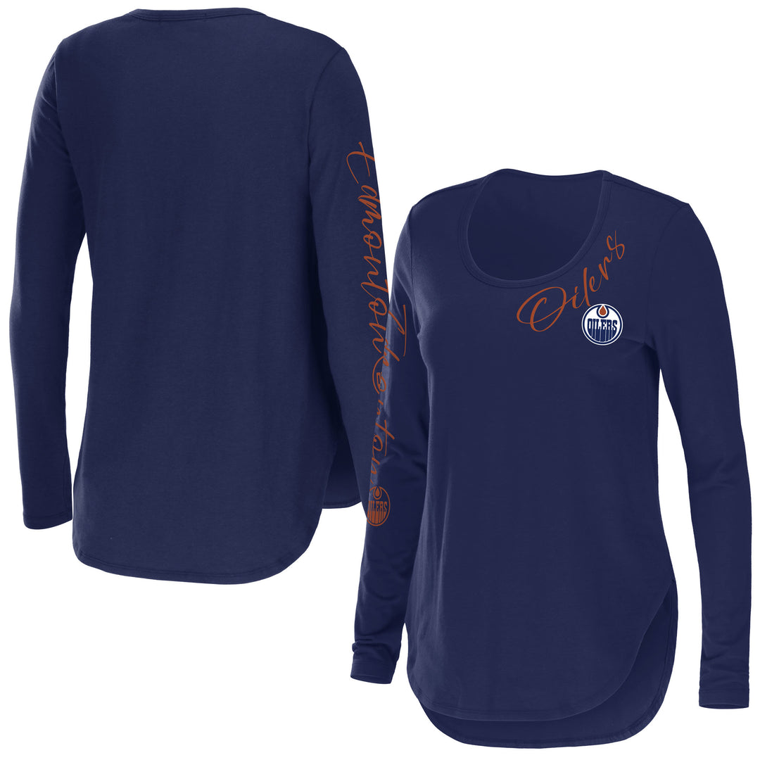 Edmonton Oilers Women's WEAR by Erin Andrews Blue Scoop Hem Long Sleeve Shirt