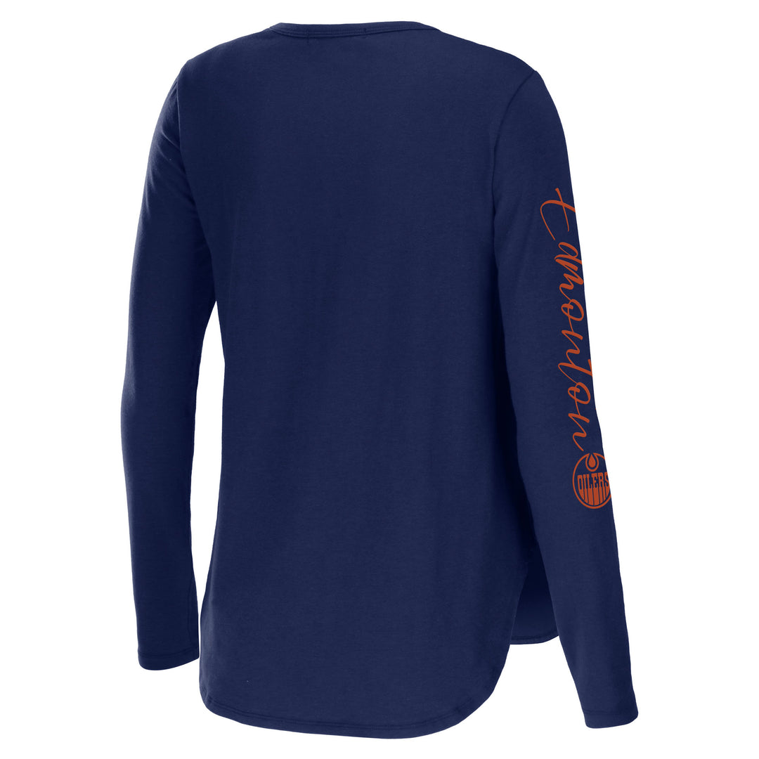 Edmonton Oilers Women's WEAR by Erin Andrews Blue Scoop Hem Long Sleeve Shirt