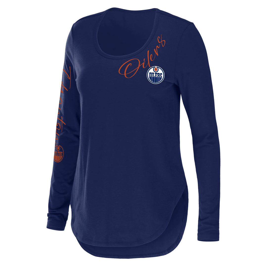 Edmonton Oilers Women's WEAR by Erin Andrews Blue Scoop Hem Long Sleeve Shirt