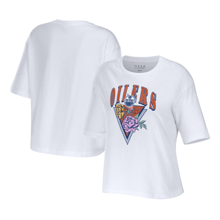 Edmonton Oilers Women's WEAR by Erin Andrews White Boxy Floral Graphic Crop T-Shirt