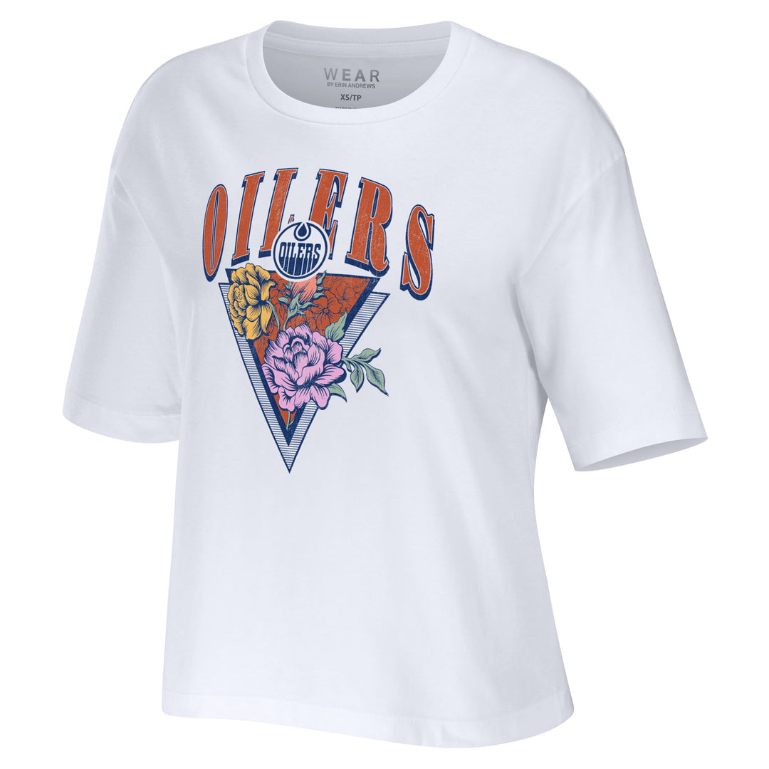 Edmonton Oilers Women's WEAR by Erin Andrews White Boxy Floral Graphic Crop T-Shirt